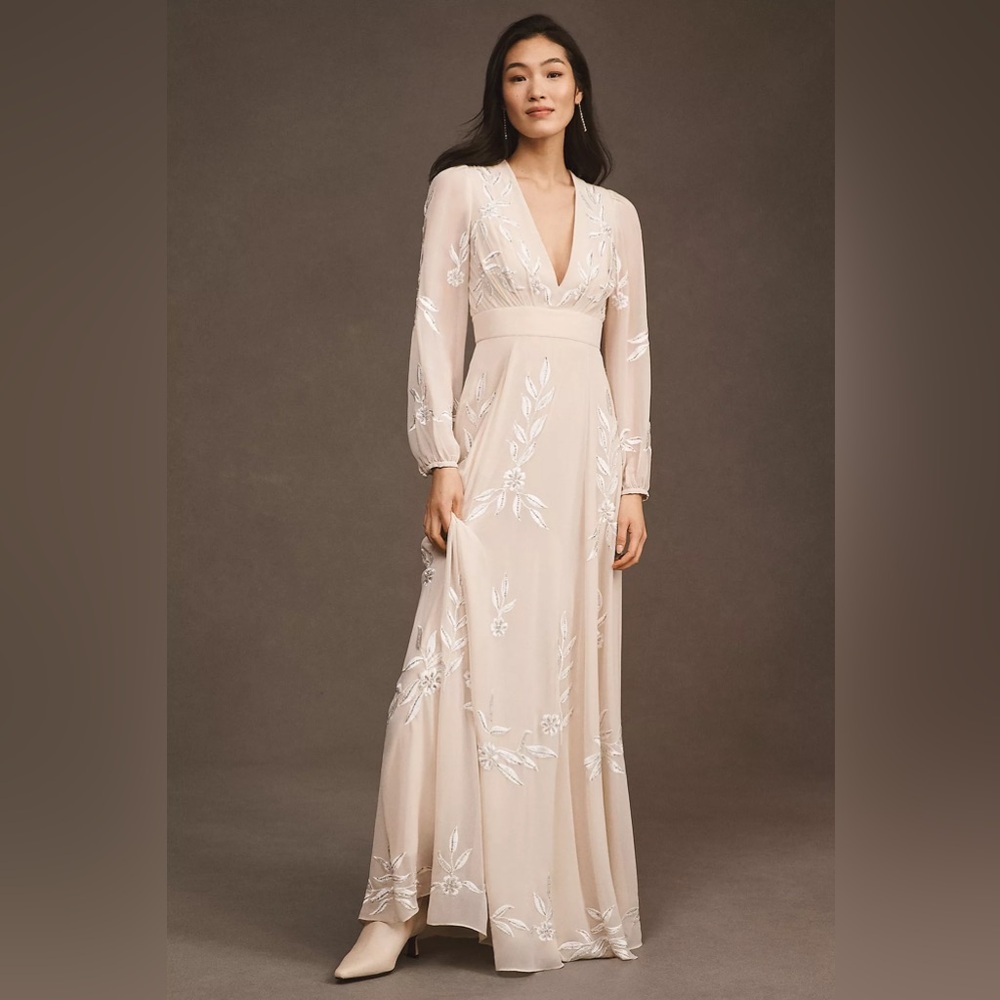 BHLDN Blush Cream Long Sleeve V-Neck Embroidered Wedding Dress